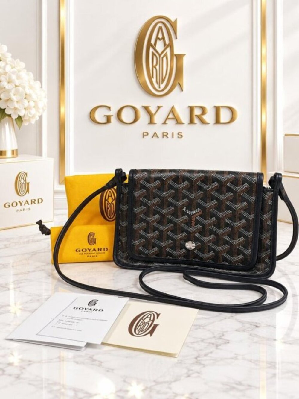 Goyard Plumet Black Goyardine Wallet Crossbody Bag Leather Luxury